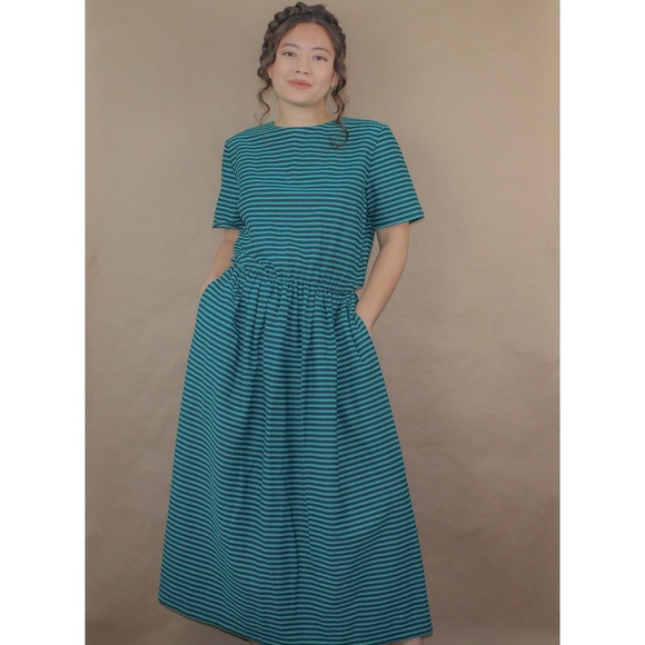 Vintage Dresses & Skirts - (90) vtg 80s blue striped market midi dress